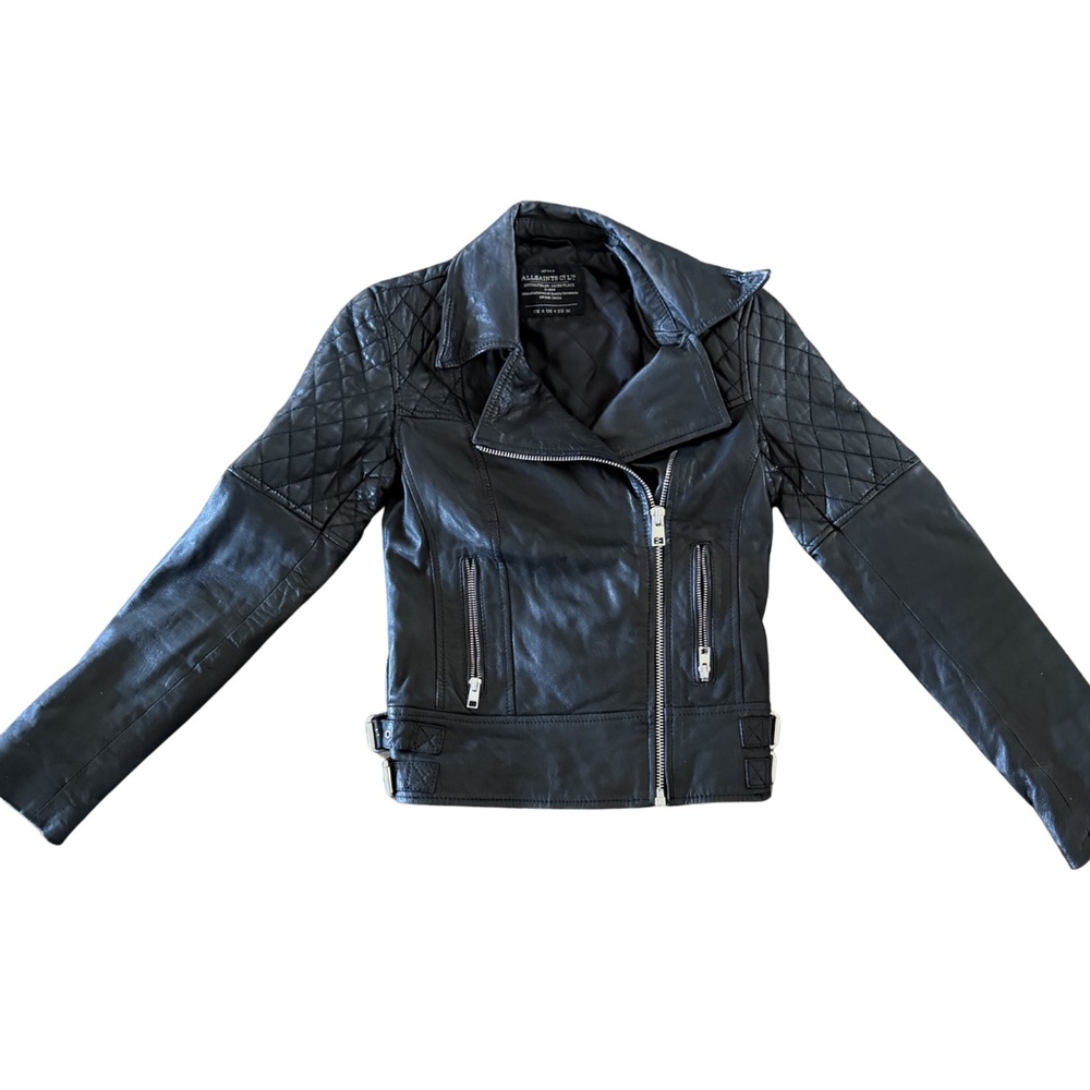All Saints Black Leather Jacket with Quilted Sleeves